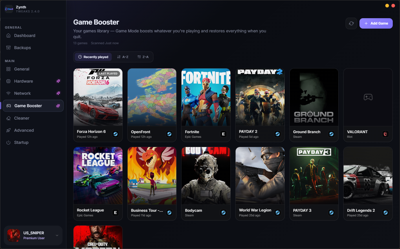 Game Booster library showing games detected from Steam, Epic Games and Riot with cover art